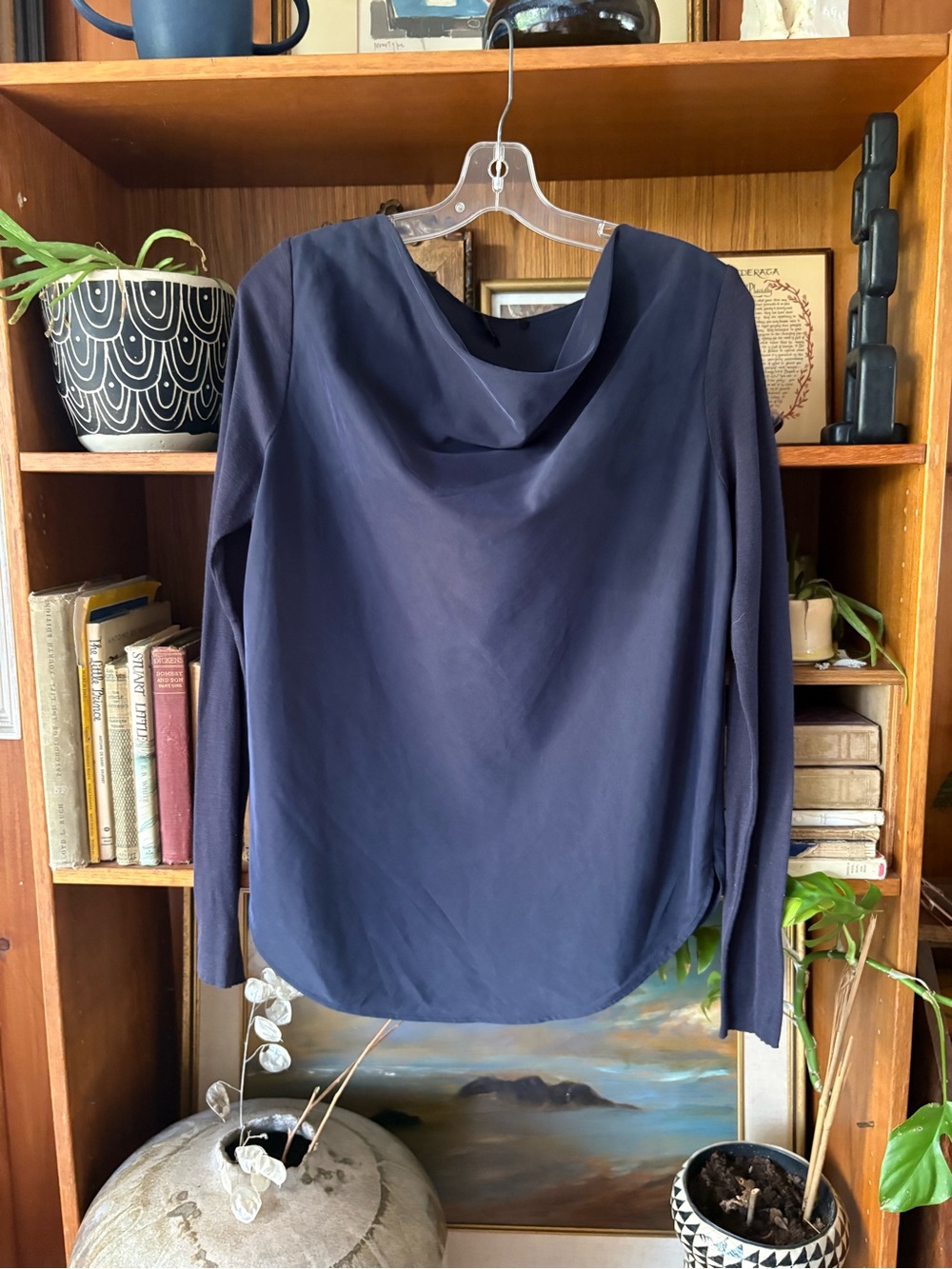 COS Navy Silk Blend Cowl Neck Minimalist Long Sleeve 10